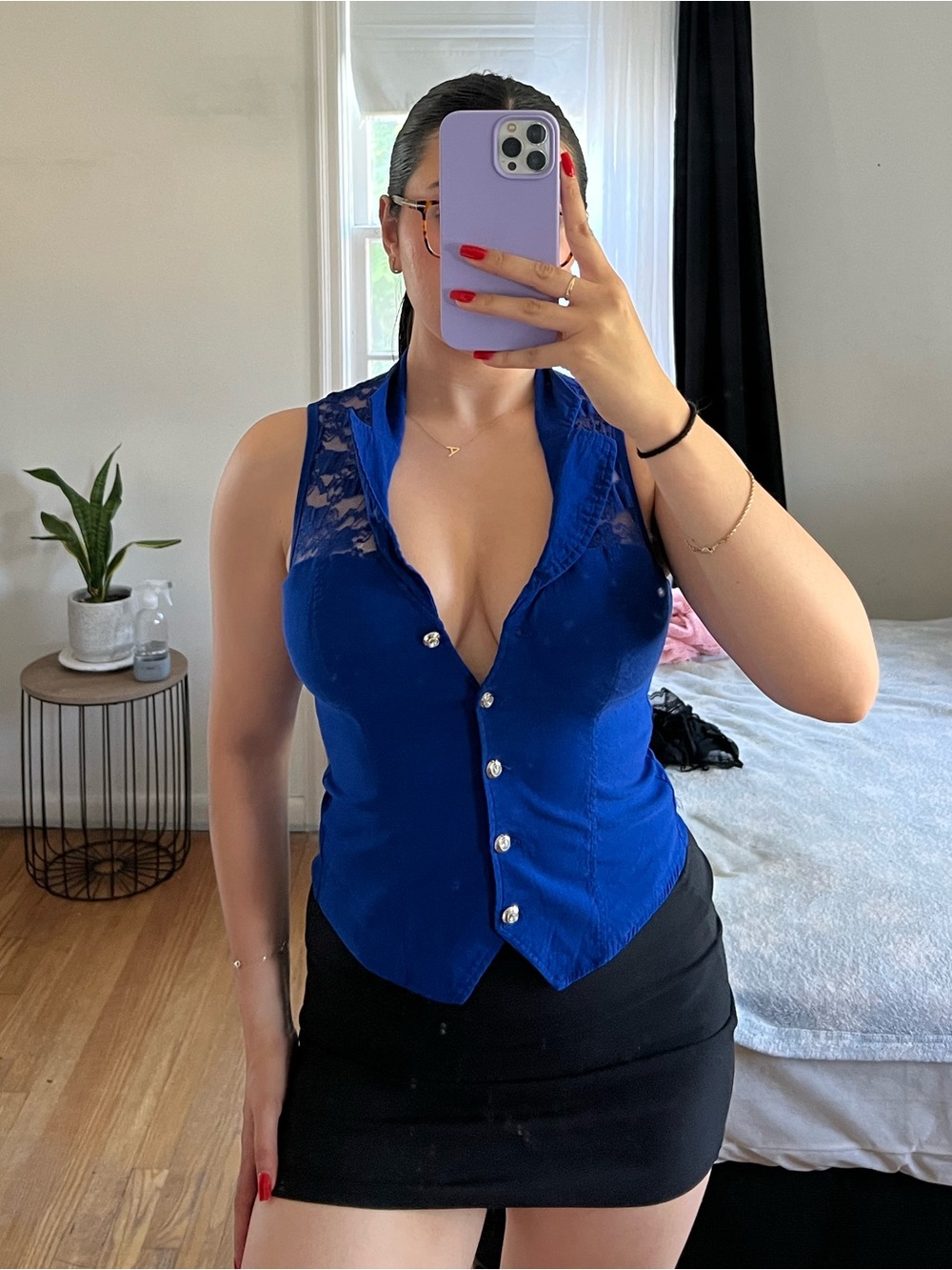 Lydia USA Blue Lace-Trim Button Front Women's Top